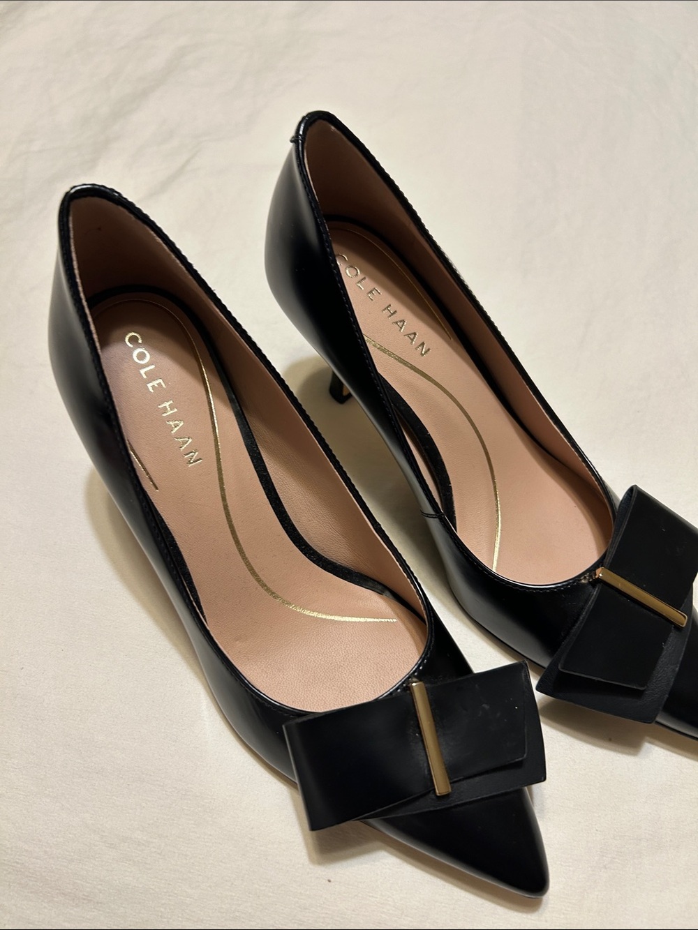 Cole Haan Black Pointed-Toe Pumps with Bow Accent